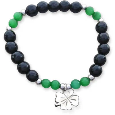 Braccialetto elastico con cristalli, occhio di gatto e quadrifoglio in argento  - Immagine 1 di 2