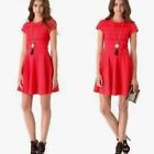 Parker Fit Flare Knit Dress Red Pintuck Short Sleeve Exposed Zip Small Party