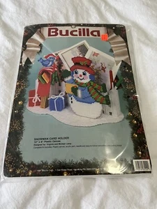 New Vintage Bucilla Christmas Snowman Card Holder Plastic Canvas Kit - Picture 1 of 4