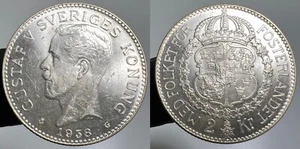 1938 Sweden 2 Kronor Silver Coin Uncirculated Gustaf V Crowned Arms - Picture 1 of 7