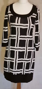Ladies Geometric Pattern Stretch 3/4 Sleeve Black & White Dress Tiana B Womens M - Picture 1 of 5
