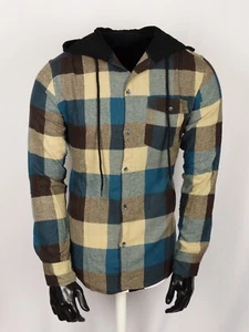 Herren kariertes Flanell türkis hellbraun Hemd Hoodie leicht Knopfleiste Tasche schmale Passform - Bild 1 von 3