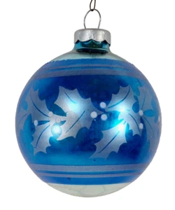 Corning Christmas Ornament Ball Blue Silver Holly Leaves Vintage #1029 - Picture 1 of 8