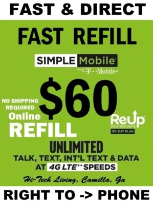 $60 SIMPLE MOBILE PREPAID REFILL DIRECT to PHONE 🔥GET IT TODAY🔥FASTEST REFILL - Image 1 of 3