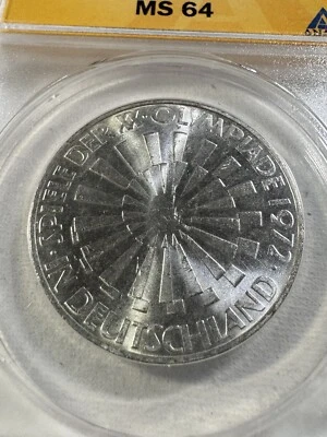 1972-D Germany 10 Marks Olympic Spiral Commemorative Graded MS 64 by ANACS - Image 1 of 4