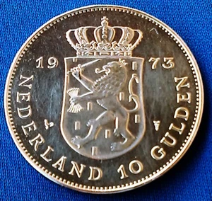 10 Gulden 1973. Juliana Anniversary of Reign, Netherlands silver coin, 25 grams - Picture 1 of 2