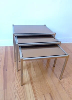 3 TABLES BASSE GIGOGNE EN METAL- VERRE MIROIR DORÉ DESIGN ANNÉES 70 VINTAGE 1970 - Photo 1/4