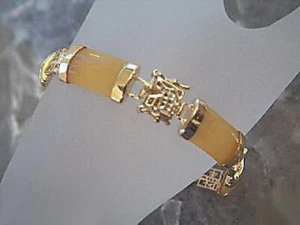 Yellow Jade 18KGP Fortune Longevity Happiness Luck Link Clasp Bangle Bracelet - Picture 1 of 3