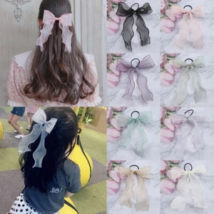 Women Bowknot Organza Ribbon Hair Ring Rope Ties Mesh Fairy Headwear RubberBand - Picture 1 of 27