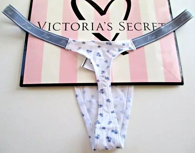 Victoria's Secret ROSA - M Logo Algodón Micro Tanga Panty - Blanco Azul Floral Foto 1 de 4