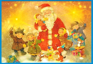 Santa Happy Children Mice Kitten Puppy Russian postcard K.Babok - Picture 1 of 1