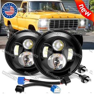 NEW For 69-78 Ford F100 F150 F250 Pair 7inch Round LED Headlights Hi/Low Beam - Image 1 of 4