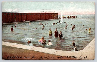 Erie Pennsylvania~Public Bath Scene~Fountain~Bldg~Lake~People~1907 Postcard - Image 1 of 2