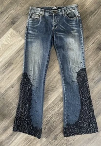 Pantalones de mezclilla vintage Allen B para mujer 27 corte botín encaje cuentas lentejuelas estilo tiro medio Y2K - Imagen 1 de 7