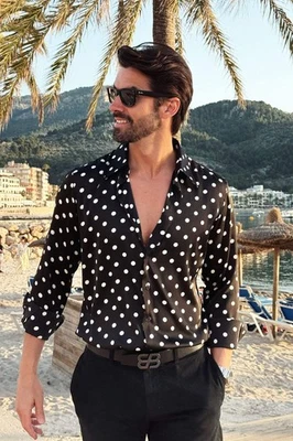 Barabas Men's Polka Dots Silk Feel Shiny Long Sleeve Shirt 4B86 - Image 1 of 4