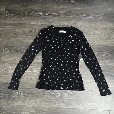 Lucky Brand Mujer S Top Henley Nuevo con Etiquetas Floral Retro Cabaña Coqueta Negra Foto 1 de 4