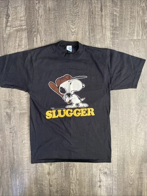 Vtg Snoopy Peanuts Slugger Black T Shirt Schultz Single Stitch Artex L (Fits M) - Image 1 of 4