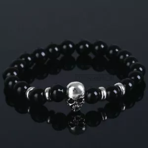 8MM ARMBAND SKULL NATUR STEIN ARMBÄNDER ARMKETTE STONE BRACELET SCHWARZ ACHAT - Bild 1 von 1
