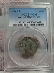 ERROR 1928-s Standing LIBERTY Quarter. PCGS VG08 MM FS-501 invertido - Imagen 1 de 8