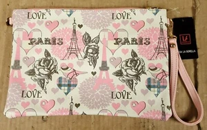 La Sorella White & Pink Paris Love Wristlet Purse 11.5 x 8 inches NWT - Picture 1 of 5
