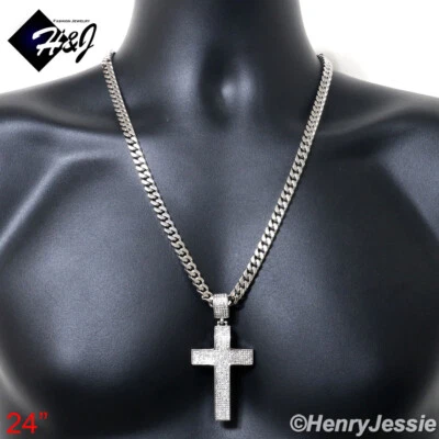 18"-40" HOMBRE Acero Inoxidable 7mm Plata Miami Cadena Cubana ICY CZ Cruz Colgante*I21 Foto 1 de 4