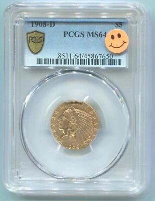 1908-D $5 INDIAN PCGS MS64 GOLD COIN MS-64 BETTER DATE STUNNING Premium Quality! - Image 1 of 4