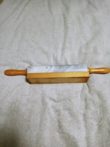 Polished Marble Rolling Pin with Wooden Cradle, 10-Inch Barrel, White - Picture 1 of 3