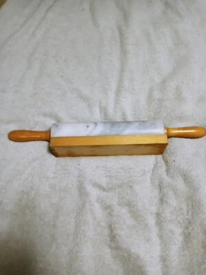 Polished Marble Rolling Pin with Wooden Cradle, 10-Inch Barrel, White - Image 1 of 3