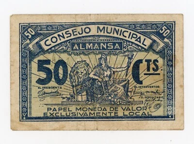 Spain España Civil War Almansa Albacete 50 Centimos 1937 Fine  - Image 1 of 2
