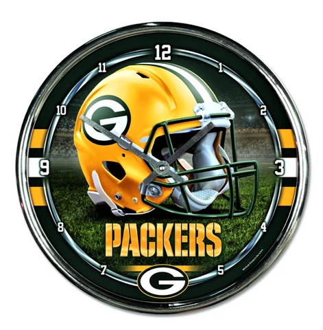 GREENBAY PACKERS, NFL 12" x 12" ROUND, CHROME PLATED RETRO HELMET WALL CLOCK Cover