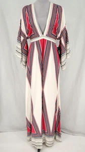 Lulus Dress Womens Small Ivory Red Kaftan Rayon Maxi Deep V-neck Beach New - Picture 1 of 14