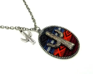 ANTIQUE SILVER ETCHED SAGUARO CACTUS ON OVAL MULTI-COLOR FABRIC PENDANT NECKLACE - Picture 1 of 8