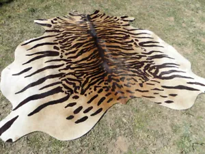 HUGE ! TIGER BENGAL print printed Cowhide Rug natural Cow Hide Skin beige zebra