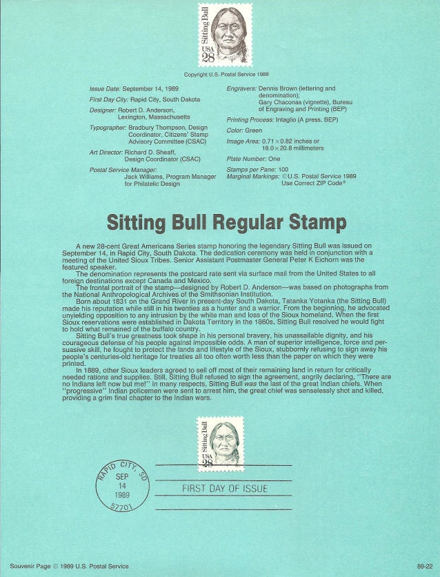 #8922 28c Sitting Bull Stamp #2381 USPS Souvenir Page - Image 1 of 1