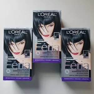 3 LOreal Paris Feria 21 Starry Night Bright Black Permanent Hair Color Gel Dye * - Picture 1 of 14