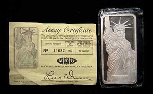 1982 Johnson Matthey MTB Statue of Liberty Vintage 10 oz Fine Silver Bar w/Assay - Picture 1 of 4