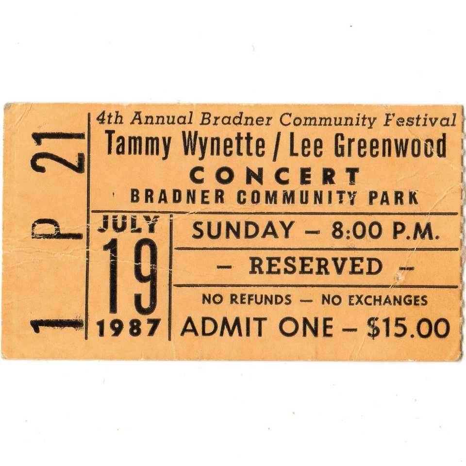 TAMMY WYNETTE & LEE GREENWOOD концерт билет заглушка BRADNER OH 7/19/87 фестиваль - Изображение 1 из 1