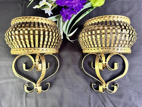 Vintage Half Basket Wall Mount Flower Holders Gold Metal Distressed Finish Cover