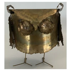 Vtg 70s MCM Brutalist Jere Style 4 ¾ x 4 ¾” Owl Metal Sculpture/Decor-Gold Color - Picture 1 of 11
