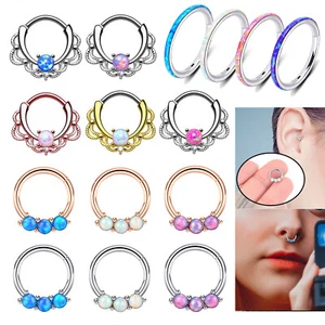 16G OPAL Septum Clicker Hinged Hoop Surgical Steel Nose Ring Daith Earrings- One - Picture 1 of 21