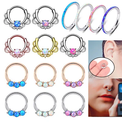 16G OPAL Septum Clicker Hinged Hoop Surgical Steel Nose Ring Daith Earrings- One - Image 1 of 4