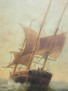 antique 1880s AMERICAN OIL PAINTING SAILING SHIP AT SEA