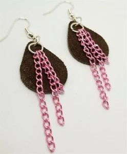 Brown Teardrop Suede Leather Earrings with Pink Chain Dangles - Picture 1 of 5