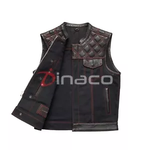 Herren Canvas Biker Leder Weste Rot Rauten Gesteppt Genäht Motorrad Club Fahrt - Bild 1 von 5