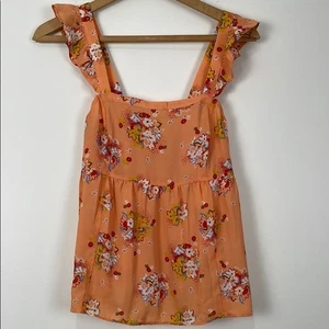 Loft Mujer’s Pequeño Babydoll Tanque Naranja Floral Flutter Correas Cintura Alta - Imagen 1 de 5