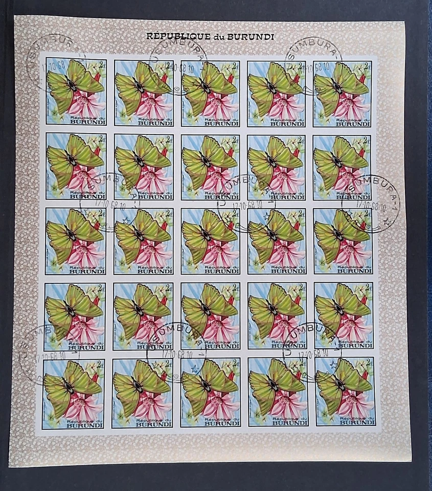 Burundi 1968 Butterflies FULL sheet 2f  IMPERFORATE CTO OG RRR - Image 1 of 1