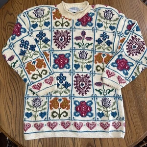 Maglione pullover vintage donna Isole del Nord lavorato a mano Grannycore Kitsch M - Foto 1 di 13