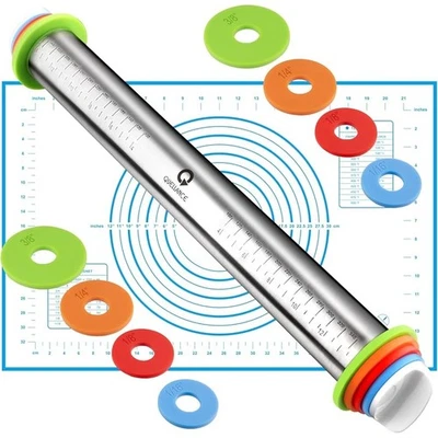 Rodillo ajustable de acero inoxidable con anillos extraíbles y tapete de pastelería nuevo Foto 1 de 4