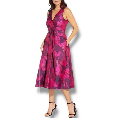 Aidan Mattox Metallic Fuchsia Floral Jacquard Fit & Flare Dress V-Neck Size 12 - Image 1 of 4