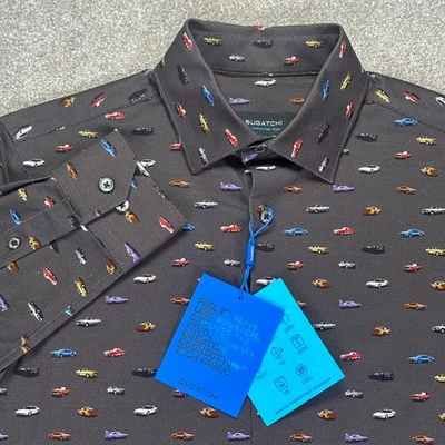 Bugatchi OoH Cotton Tech Men's Dress Shirt 8 Way Stretch Car Print Medium New - Image 1 of 4